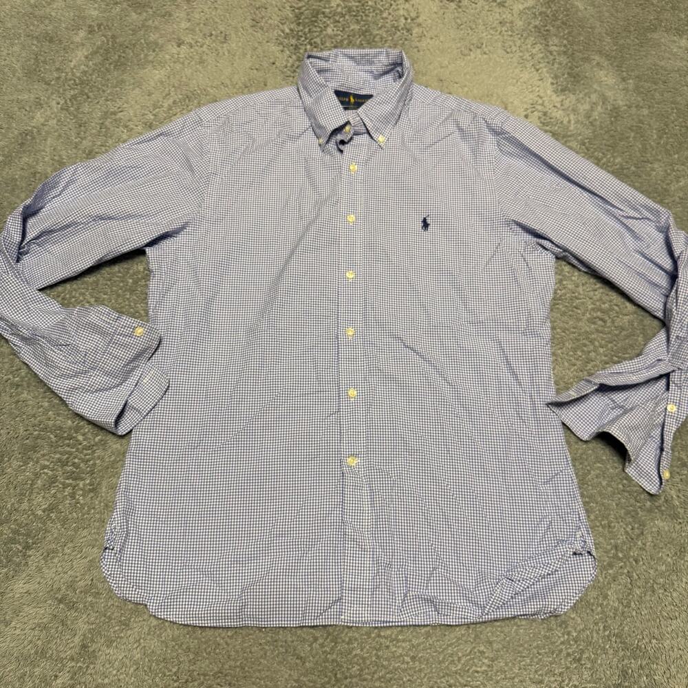 Polo Ralph Lauren Shirt Mens 17 /43 Blue Check Plaid Long Sleeve Button